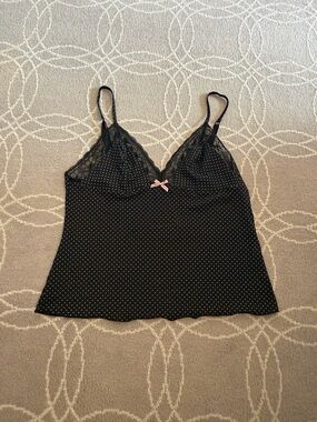 Vintage Black Polka Dot Lace Trim Camisole with Pink Bow